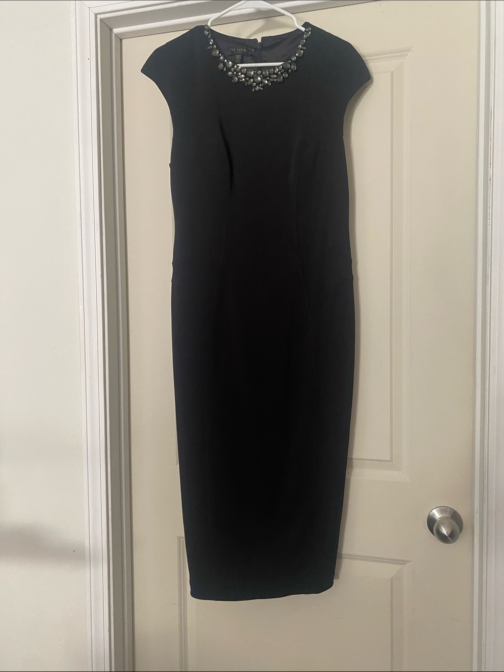 Ted BakerBlack Midi Sheath Dress with Jeweled Collar